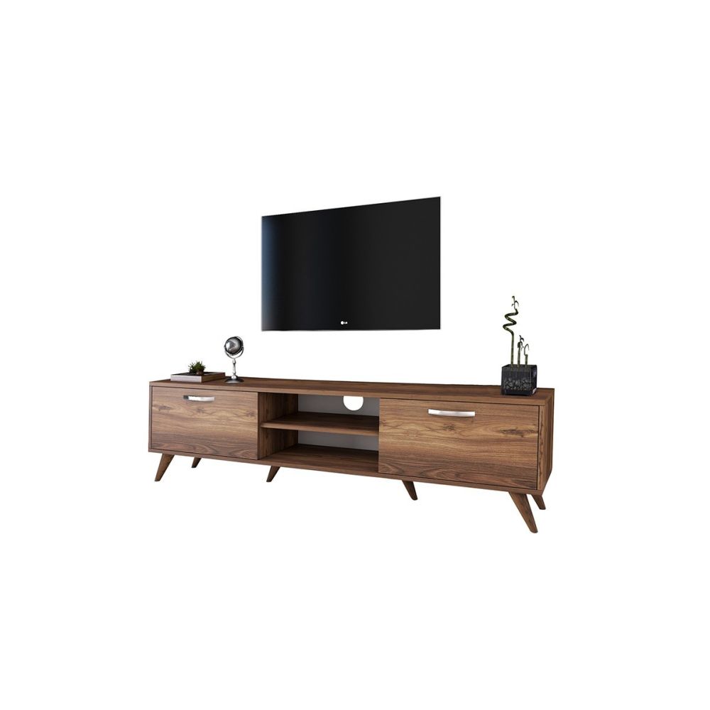 Mueble de TV en Nogal con 2 Cajones y Estantes - 180x35x48.5 cm con Patas de Madera.