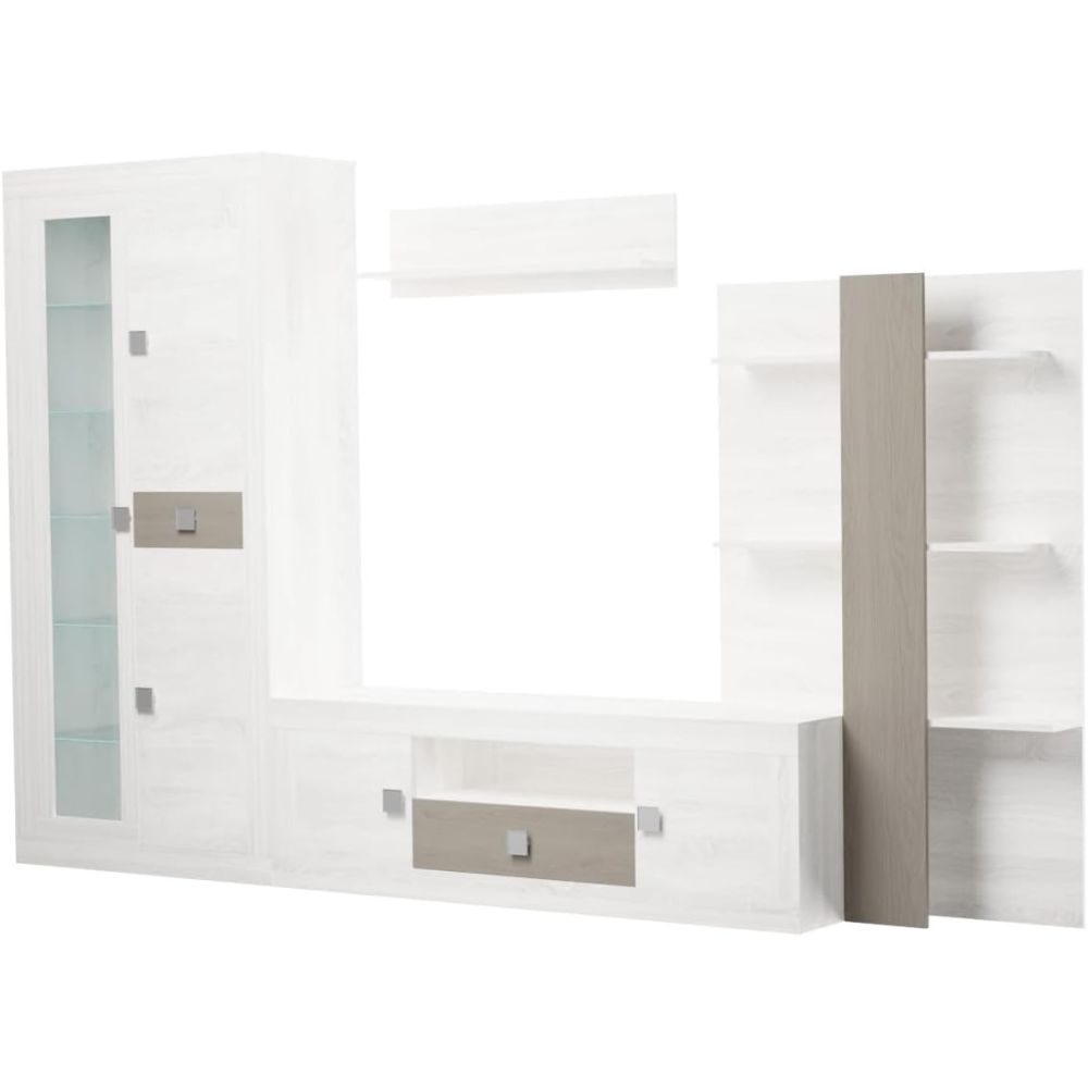 Mueble de Salón Moderno con Leds, Acabado en Andersen Pino -Gris, 40 cm (Fon), 300x200 cm
